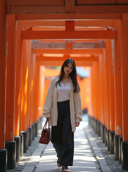 model at Meiji Shrine, wearing if(gender=f){a respectful modest outfit with light cardigan} if(gender=m){neat chinos with a collared shirt}, walking through torii gates