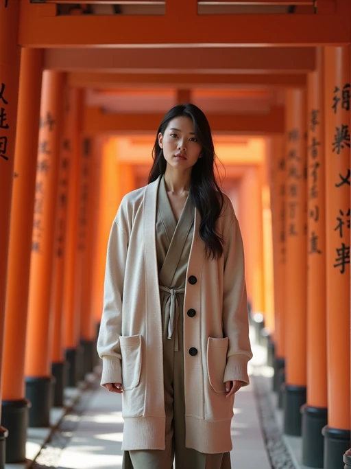 model at Meiji Shrine, wearing if(gender=f){a respectful modest outfit with light cardigan} if(gender=m){neat chinos with a collared shirt}, walking through torii gates
