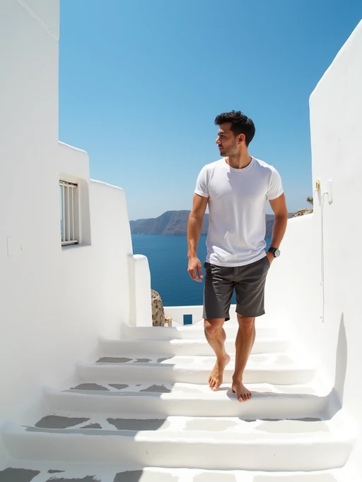 model walking down the white steps of Fira, wearing if(gender=f){a breezy summer dress with sandals} if(gender=m){casual shorts with a fitted t-shirt}, whitewashed buildings and blue sea views