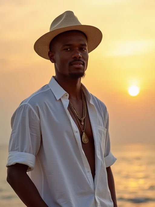 model at Scorpios beach club, wearing if(gender=f){a bohemian white dress with layered necklaces} if(gender=m){relaxed white linen outfit with woven hat}, sunset over the sea