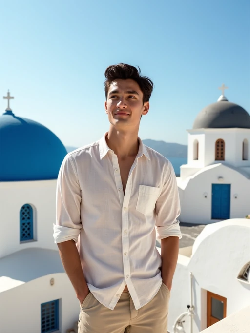 model in front of blue-domed churches in Oia, wearing if(gender=f){a flowing white maxi dress with blue accessories} if(gender=m){a light linen shirt with beige shorts}, brilliant sunshine and Aegean Sea in background
