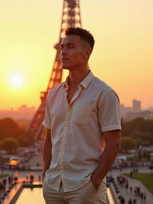 model in front of Eiffel Tower at sunset, wearing if(gender=f){a floral summer dress with straw hat} if(gender=m){a light linen shirt and shorts}, golden hour lighting