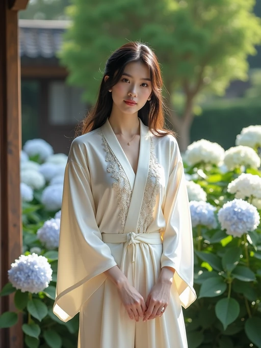 model in a traditional Japanese garden, wearing if(gender=f){a light kimono-inspired top with wide-leg pants} if(gender=m){a modern yukata-inspired outfit}, surrounded by blooming hydrangeas