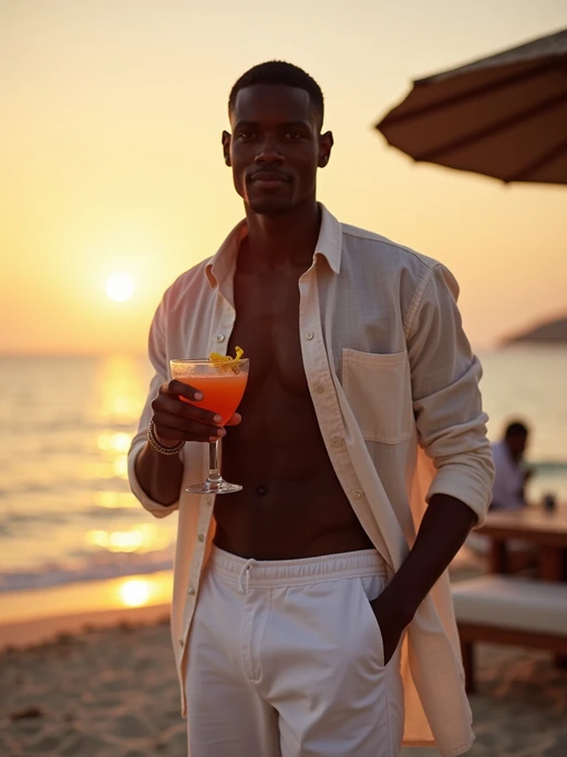 model at a beachside club in Psarou, wearing if(gender=f){a chic white swimsuit with sheer coverup} if(gender=m){white shorts with a light linen shirt}, holding a cocktail with warm evening glow