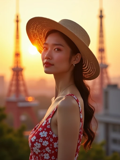 model in front of Tokyo Tower at sunset, wearing if(gender=f){a floral summer dress with straw hat} if(gender=m){a light linen shirt and shorts}, golden hour lighting