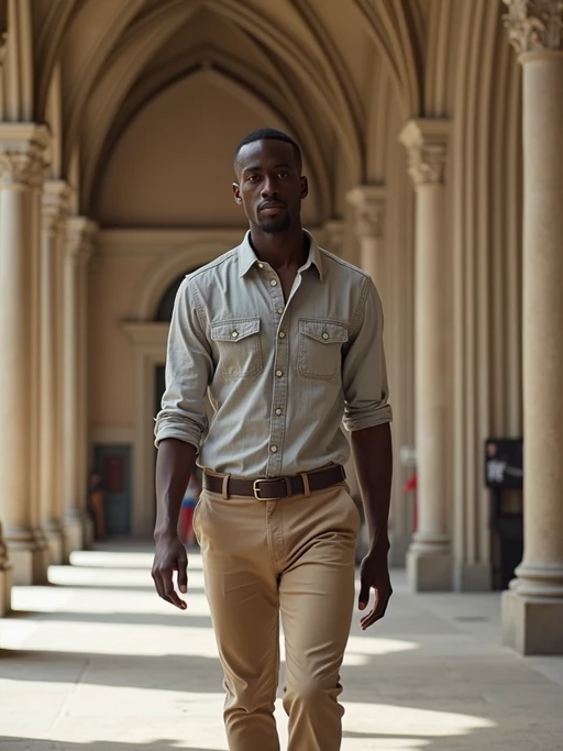 model at Notre-Dame Cathedral, wearing if(gender=f){a respectful modest outfit with light cardigan} if(gender=m){neat chinos with a collared shirt}, walking through historic architecture