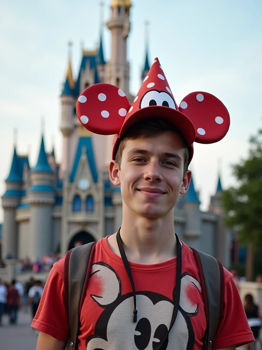 model at Tokyo DisneySea, wearing if(gender=f){Mickey ears with cute Disney-themed outfit} if(gender=m){casual Disney fan wear with character hat}, castle in background