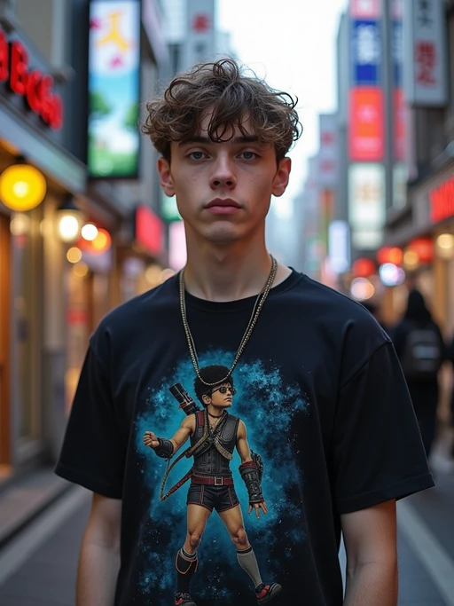 model at Akihabara electric town, wearing if(gender=f){anime-inspired fashion with knee-high socks} if(gender=m){casual gaming t-shirt with tech accessories}, surrounded by electronics