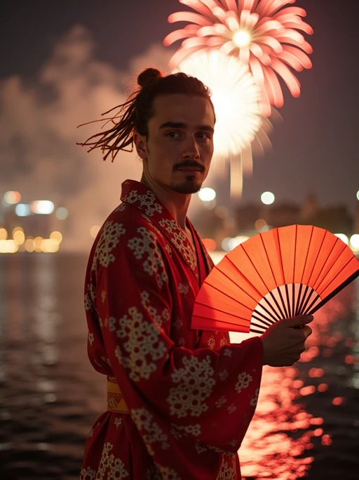 model at Sumida River during fireworks festival, wearing if(gender=f){a yukata with floral pattern} if(gender=m){a summer festival jinbei}, holding a paper fan