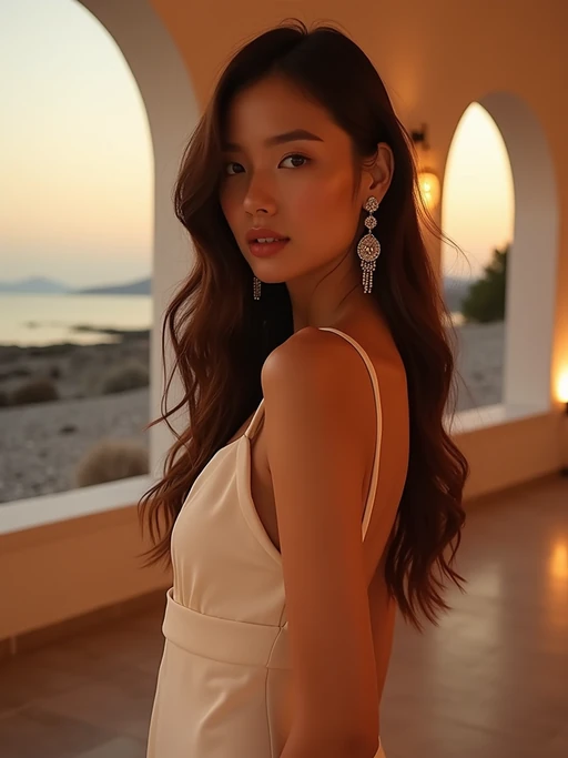 model in a Mykonos cocktail lounge, wearing if(gender=f){a sleek white mini dress with statement earrings} if(gender=m){white trousers with a light designer shirt}, ambient lighting and stylish decor