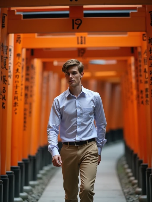 model at Meiji Shrine, wearing if(gender=f){a respectful modest outfit with light cardigan} if(gender=m){neat chinos with a collared shirt}, walking through torii gates