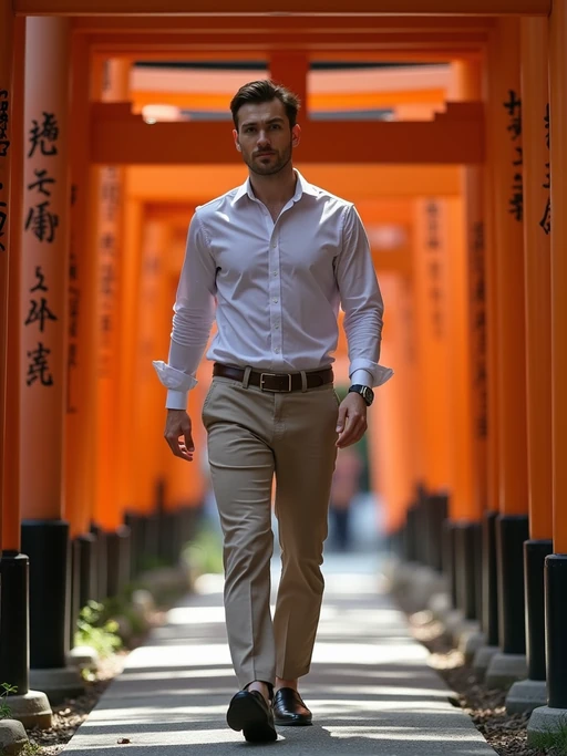model at Meiji Shrine, wearing if(gender=f){a respectful modest outfit with light cardigan} if(gender=m){neat chinos with a collared shirt}, walking through torii gates