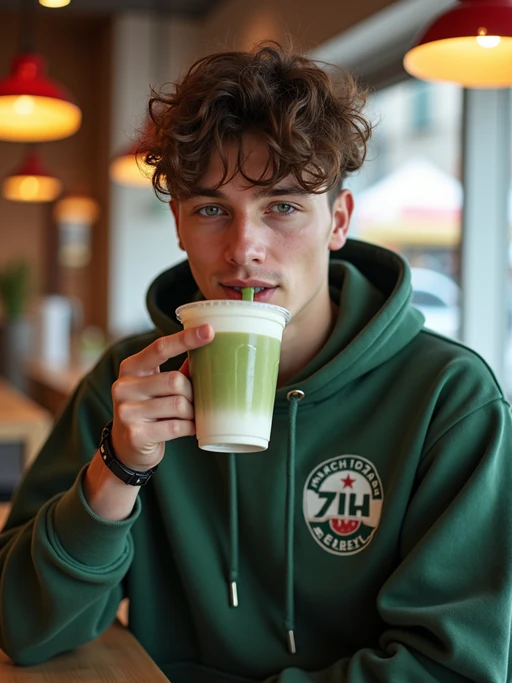 model in a trendy café in Harajuku, wearing if(gender=f){a kawaii-inspired outfit with colorful accessories} if(gender=m){streetwear with Japanese brand logos}, drinking matcha latte