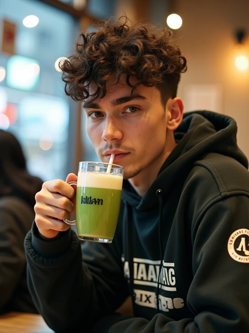 model in a trendy café in Harajuku, wearing if(gender=f){a kawaii-inspired outfit with colorful accessories} if(gender=m){streetwear with Japanese brand logos}, drinking matcha latte