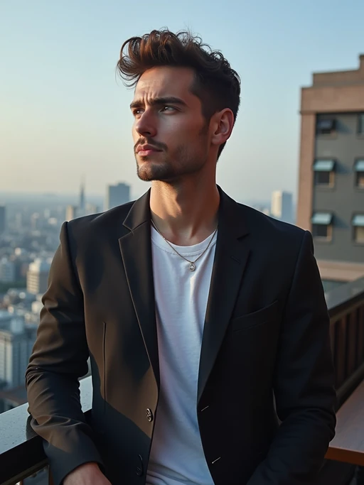 model at a rooftop bar in Shinjuku, wearing if(gender=f){an elegant cocktail dress} if(gender=m){a smart casual blazer with t-shirt}, Tokyo skyline in background
