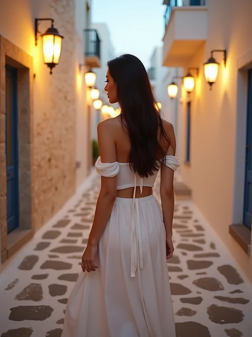 model strolling through narrow Mykonos streets, wearing if(gender=f){a white off-shoulder top with flowing skirt} if(gender=m){white jeans with a light blue shirt}, warm lantern lights illuminating the path