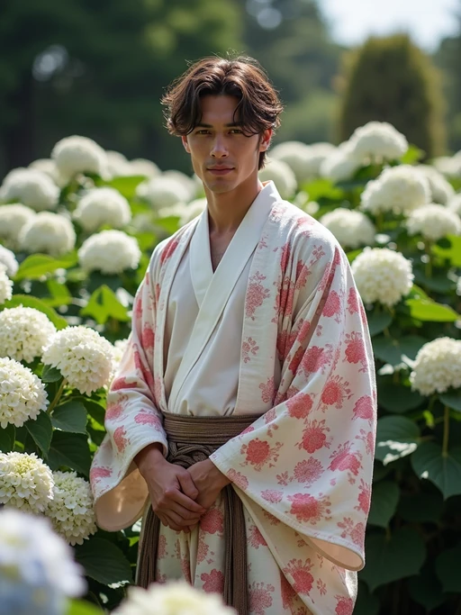 model in a traditional Japanese garden, wearing if(gender=f){a light kimono-inspired top with wide-leg pants} if(gender=m){a modern yukata-inspired outfit}, surrounded by blooming hydrangeas