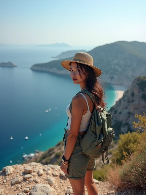 model at Skaros Rock viewpoint, wearing if(gender=f){an adventurous hiking outfit with hat} if(gender=m){comfortable hiking clothes with cap}, breathtaking 360-degree island views