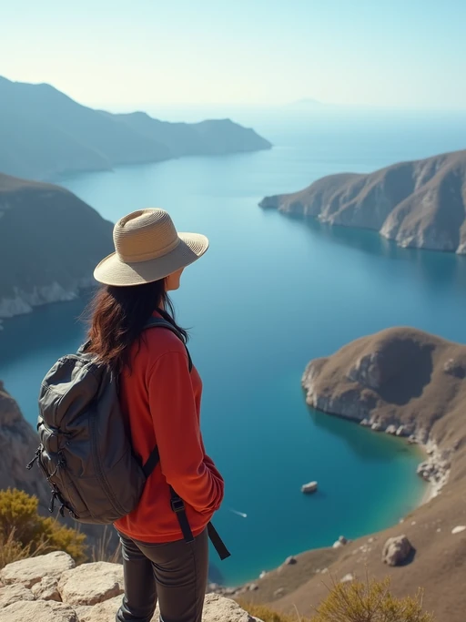 model at Skaros Rock viewpoint, wearing if(gender=f){an adventurous hiking outfit with hat} if(gender=m){comfortable hiking clothes with cap}, breathtaking 360-degree island views