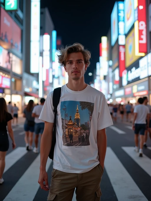 model exploring Shibuya Crossing, wearing if(gender=f){a cute pastel outfit with platform sandals} if(gender=m){a stylish graphic tee and chino shorts}, surrounded by neon lights