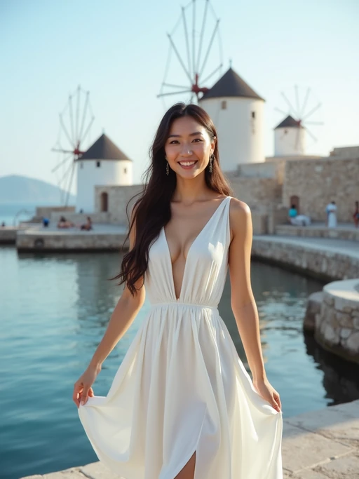 model at Little Venice waterfront, wearing if(gender=f){an elegant white cocktail dress} if(gender=m){a stylish white button-up with beige chinos}, Aegean Sea and windmills in background