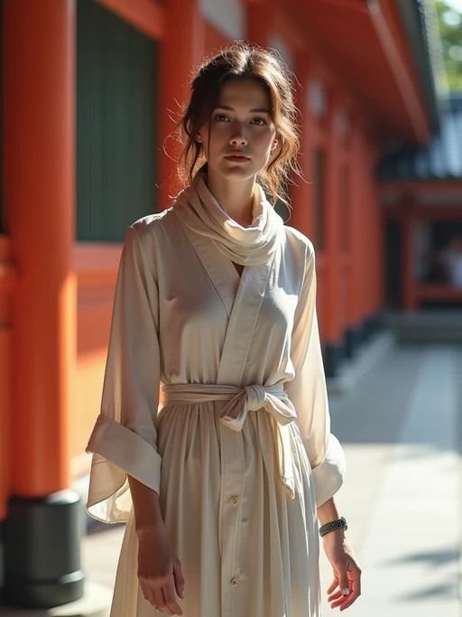 model at Asakusa temple, wearing if(gender=f){a modest summer dress with light scarf} if(gender=m){khaki shorts with a linen button-up}, traditional architecture visible