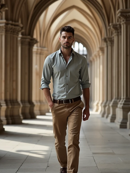 model at Notre-Dame Cathedral, wearing if(gender=f){a respectful modest outfit with light cardigan} if(gender=m){neat chinos with a collared shirt}, walking through historic architecture