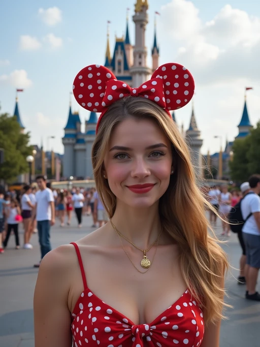 model at Tokyo DisneySea, wearing if(gender=f){Mickey ears with cute Disney-themed outfit} if(gender=m){casual Disney fan wear with character hat}, castle in background