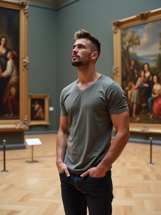 model at Louvre Museum, wearing if(gender=f){a flowing maxi dress} if(gender=m){dark jeans with a minimalist t-shirt}, surrounded by art masterpieces