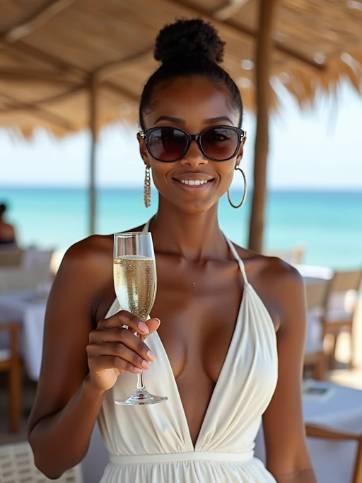 model at Nammos beach restaurant, wearing if(gender=f){an elegant white sundress with designer sunglasses} if(gender=m){white linen pants with a light blue shirt}, champagne glasses and Mediterranean cuisine