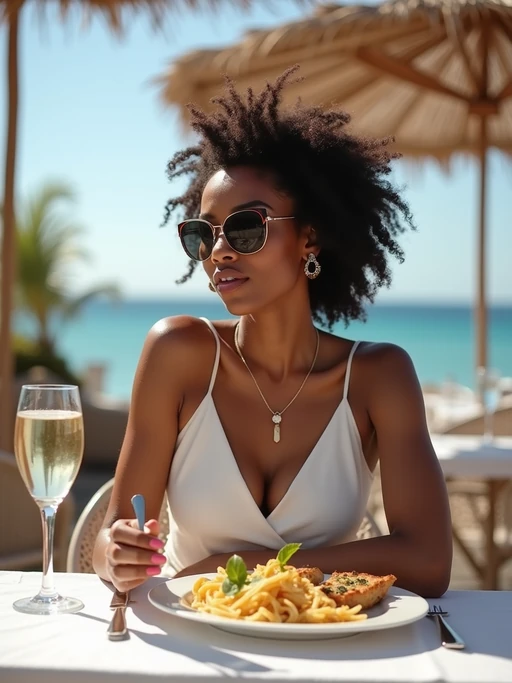 model at Nammos beach restaurant, wearing if(gender=f){an elegant white sundress with designer sunglasses} if(gender=m){white linen pants with a light blue shirt}, champagne glasses and Mediterranean cuisine