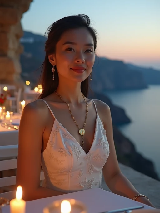 model dining at a cliffside restaurant, wearing if(gender=f){an elegant white evening dress with gold jewelry} if(gender=m){a smart casual white outfit}, candlelit tables with caldera views