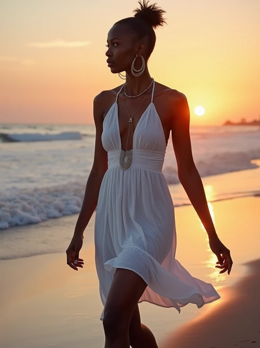 model walking along Ornos Beach at twilight, wearing if(gender=f){a white beach dress with silver accessories} if(gender=m){white shorts with a light cotton shirt}, warm evening atmosphere