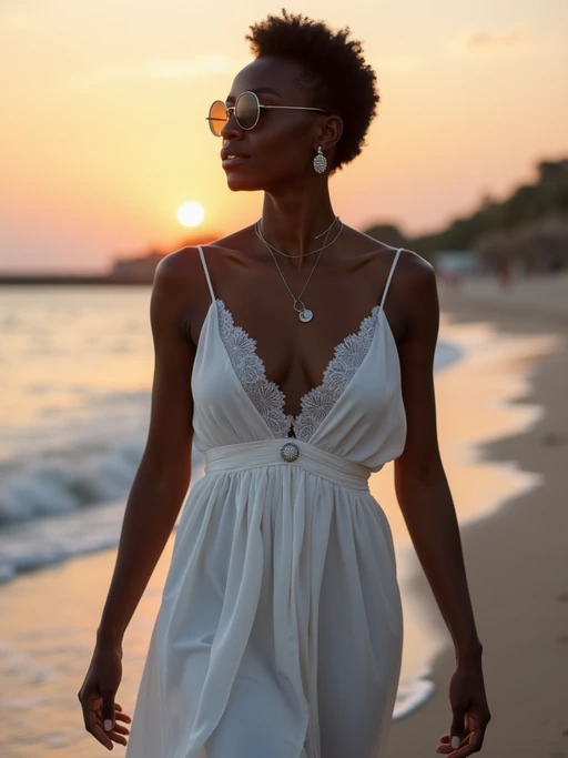 model walking along Ornos Beach at twilight, wearing if(gender=f){a white beach dress with silver accessories} if(gender=m){white shorts with a light cotton shirt}, warm evening atmosphere