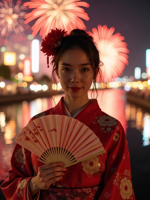 model at Sumida River during fireworks festival, wearing if(gender=f){a yukata with floral pattern} if(gender=m){a summer festival jinbei}, holding a paper fan