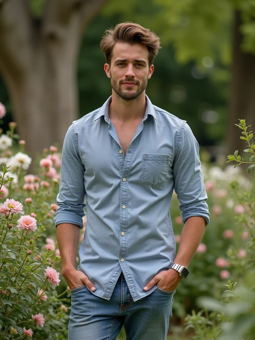model in Luxembourg Gardens, wearing if(gender=f){a light bohemian top with wide-leg pants} if(gender=m){a modern casual outfit}, surrounded by blooming flowers