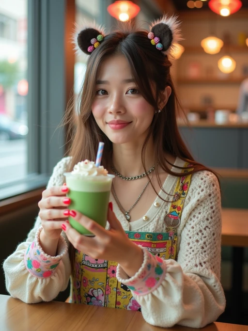 model in a trendy café in Harajuku, wearing if(gender=f){a kawaii-inspired outfit with colorful accessories} if(gender=m){streetwear with Japanese brand logos}, drinking matcha latte