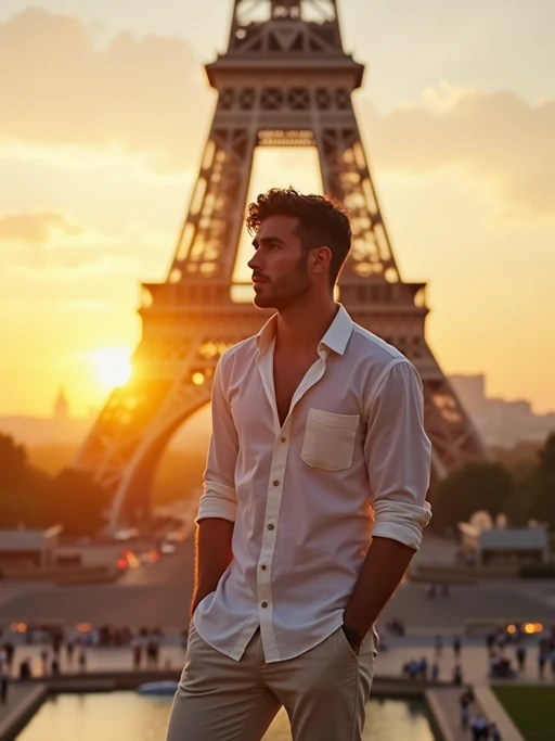 model in front of Eiffel Tower at sunset, wearing if(gender=f){a floral summer dress with straw hat} if(gender=m){a light linen shirt and shorts}, golden hour lighting