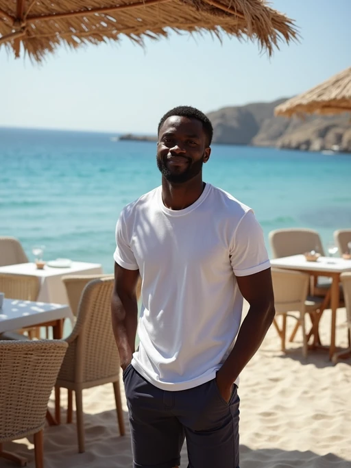 model at a beachside taverna in Kamari, wearing if(gender=f){a light beach dress with sandals} if(gender=m){casual shorts with a fitted t-shirt}, fresh Greek seafood and ocean views