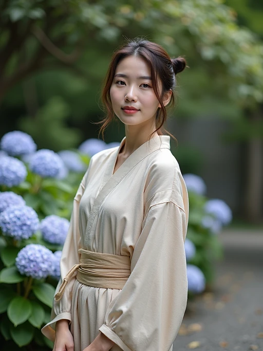 model in a traditional Japanese garden, wearing if(gender=f){a light kimono-inspired top with wide-leg pants} if(gender=m){a modern yukata-inspired outfit}, surrounded by blooming hydrangeas