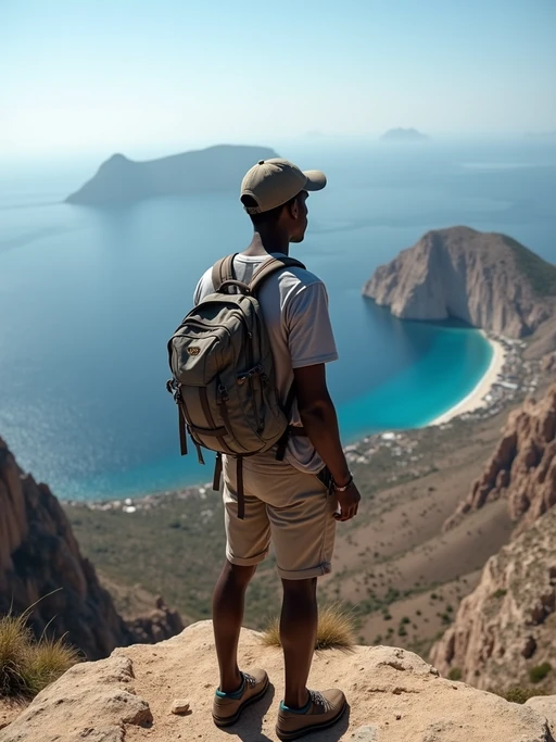 model at Skaros Rock viewpoint, wearing if(gender=f){an adventurous hiking outfit with hat} if(gender=m){comfortable hiking clothes with cap}, breathtaking 360-degree island views