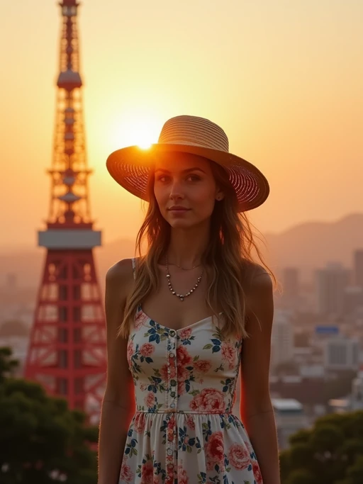 model in front of Tokyo Tower at sunset, wearing if(gender=f){a floral summer dress with straw hat} if(gender=m){a light linen shirt and shorts}, golden hour lighting