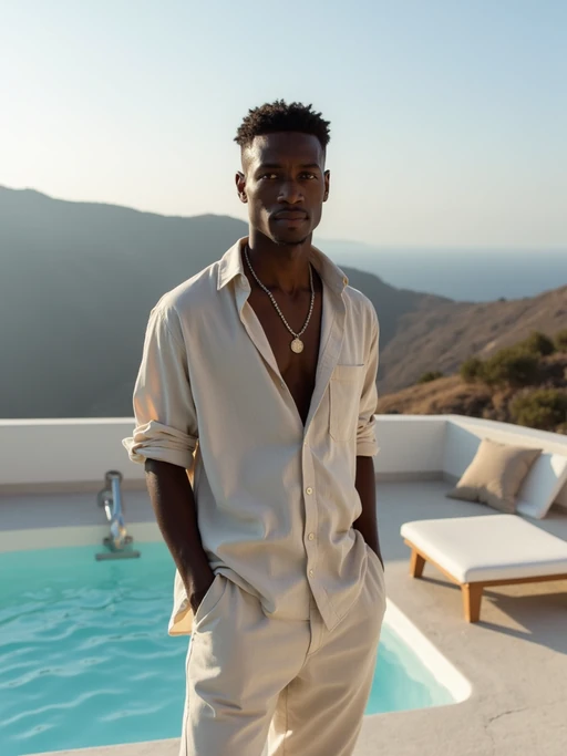 model at a boutique hotel terrace, wearing if(gender=f){a chic resort outfit with designer sunglasses} if(gender=m){linen pants with a light cotton shirt}, private jacuzzi and caldera panorama