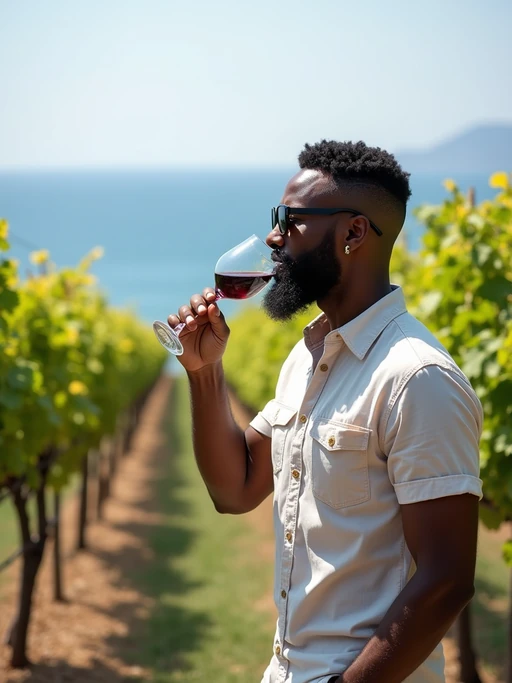 model wine tasting at a Santorini vineyard, wearing if(gender=f){a sophisticated summer dress with sun hat} if(gender=m){smart casual outfit with sunglasses}, rows of grapevines with sea views