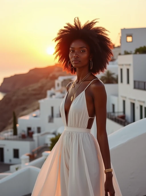 model in front of whitewashed Mykonos buildings at sunset, wearing if(gender=f){a flowing white maxi dress with gold accessories} if(gender=m){a crisp white linen shirt with light pants}, warm golden hour lighting