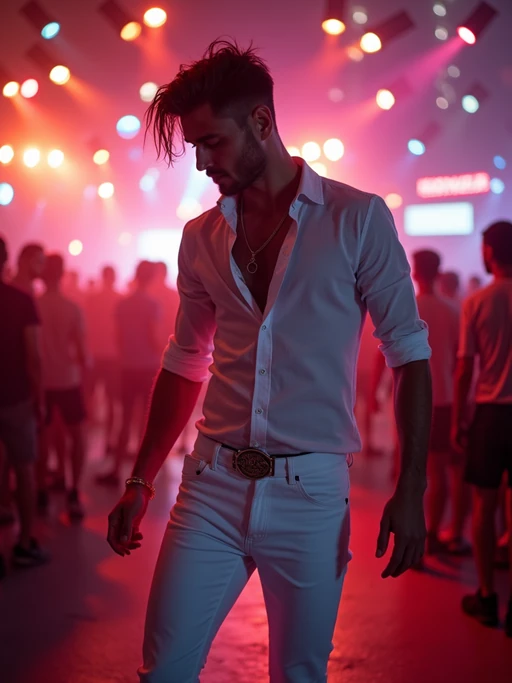 model dancing at an open-air club, wearing if(gender=f){a white sequined dress with strappy heels} if(gender=m){white jeans with a stylish fitted shirt}, DJ lights and vibrant atmosphere