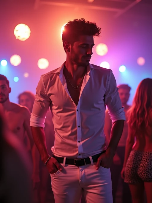 model dancing at an open-air club, wearing if(gender=f){a white sequined dress with strappy heels} if(gender=m){white jeans with a stylish fitted shirt}, DJ lights and vibrant atmosphere