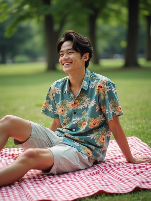 model at Yoyogi Park picnic, wearing if(gender=f){a bohemian sundress with sandals} if(gender=m){bermuda shorts with a Hawaiian shirt}, sitting on picnic blanket