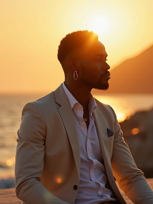 model enjoying sunset at Amoudi Bay, wearing if(gender=f){a romantic evening dress with light scarf} if(gender=m){smart casual outfit with linen blazer}, golden hour lighting on seaside tavernas
