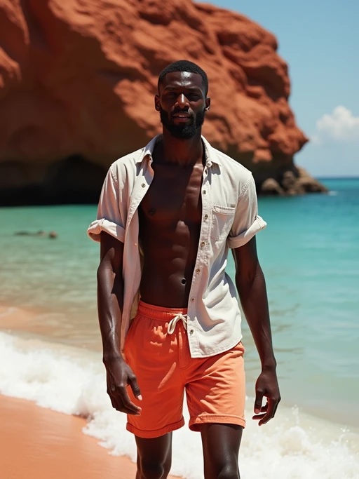 model at Red Beach, wearing if(gender=f){a colorful beach outfit with sunglasses} if(gender=m){beach shorts with a light cotton shirt}, dramatic red cliffs and crystal clear waters